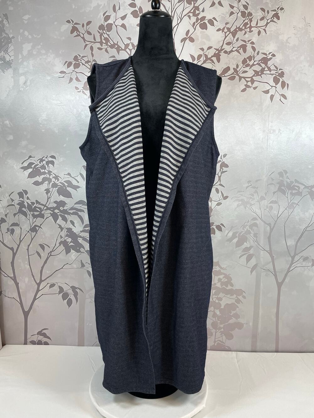 Joneswear Open Front Duster Vest Striped Shawl Collar Navy Blue Gray XL